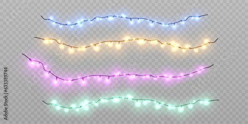 Christmas lights isolated on transparent background. Set of golden Christmas glowing garlands with sparks. For congratulations, invitations and advertising design. Vector	
