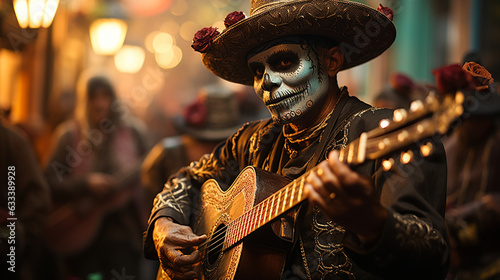 Traditional Day of the Dead procession with musicians and dancers, Day of the Dead Generative AI