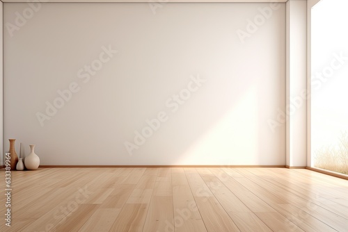 A modern interior background with a white empty room and wooden flooring, portrayed through rendering. © 2rogan