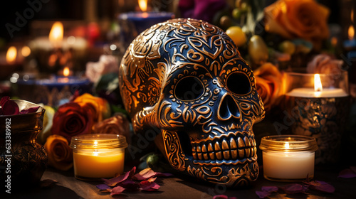 Intricate sugar skull with candles and offerings, Day of the Dead Generative AI