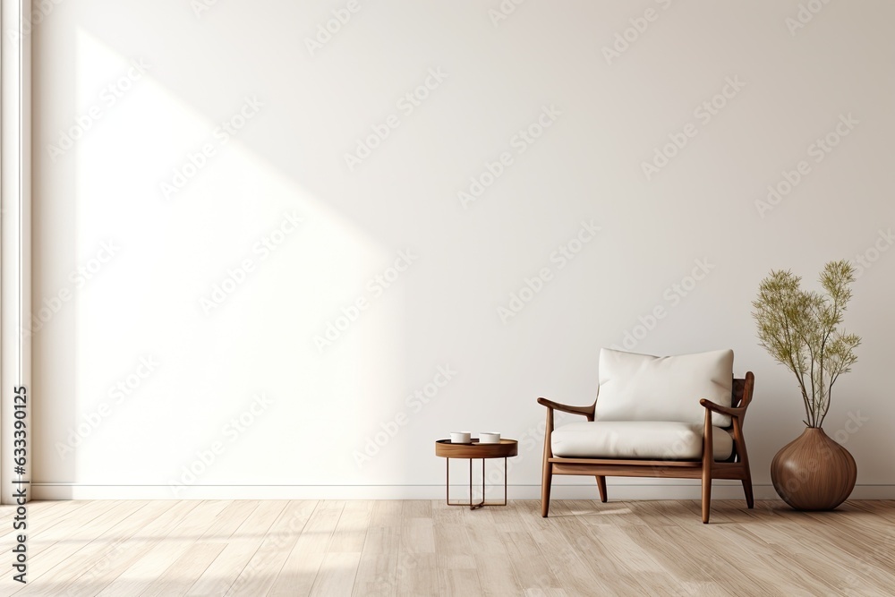 A rendering of a contemporary and simple interior design featuring a single armchair against a clean white wall backdrop. A rendering of a contemporary and simple interior design featuring a single armchair against a clean white wall backdrop.