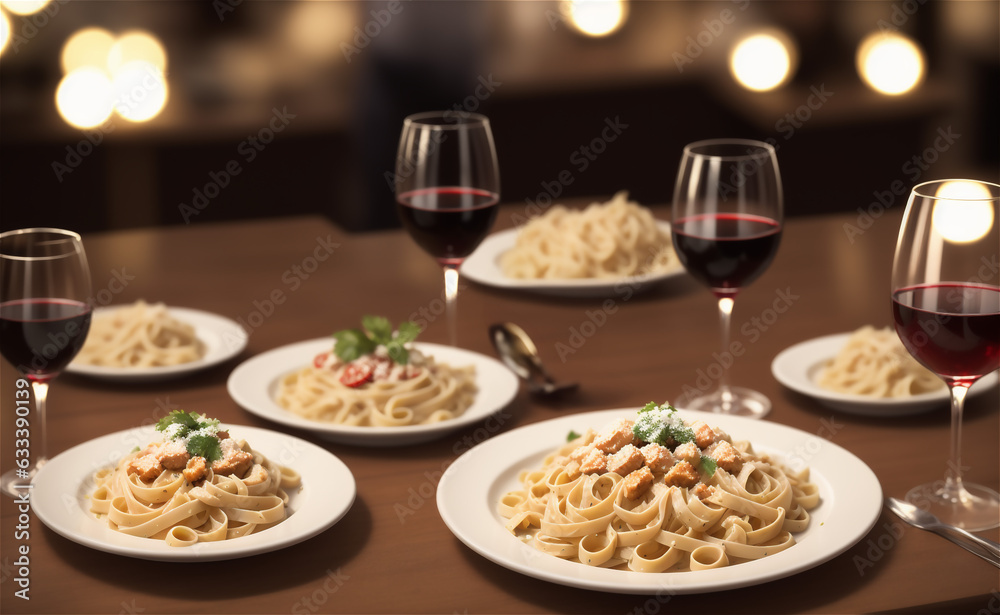 Salmon Pasta on a white plate, selective focus on the food, wineglass with white wine in the foreground Salmon Pasta on a white plate, selective focus on the food, wineglass with white wine in the foreground