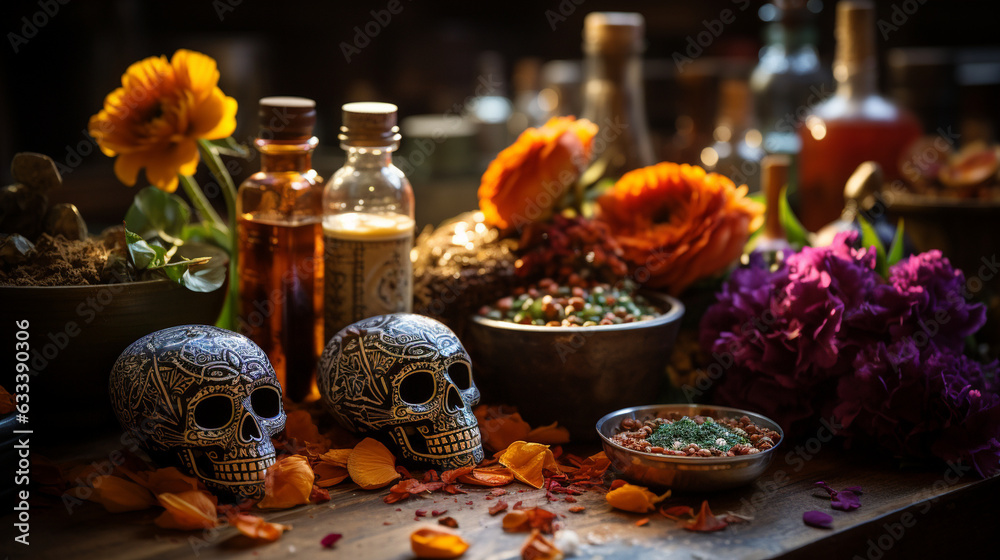 Traditional Day of the Dead ofrenda with personal mementos and offerings, Day of the Dead Generative AI