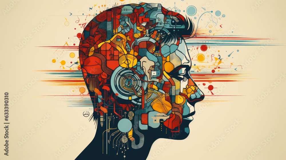 Abstract profile of a human head and consciousness with physical and chemical structures in the head, Person creative mind, Psychic waves concept, Generative AI illustration
