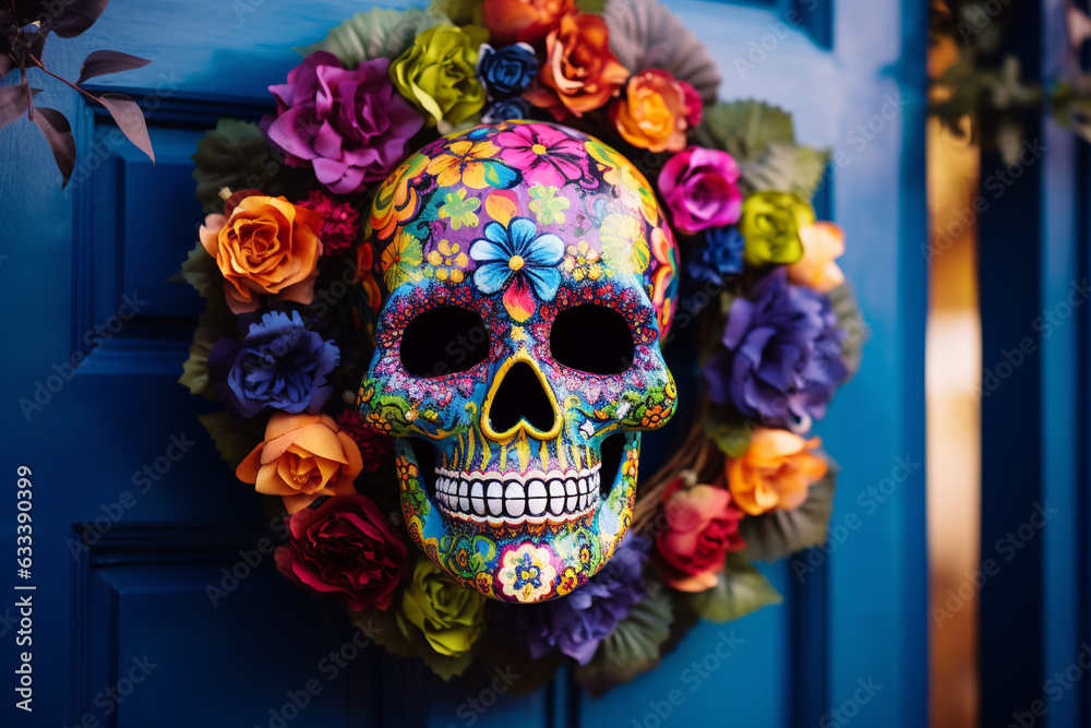 Calavera skull wreath hanging on the front door, Day of the Dead, blurred background, natural light, affinity, bright background Generative AI