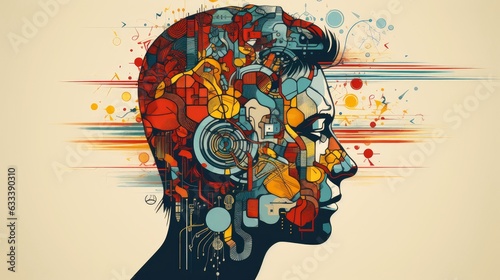 Obraz na płótnie Abstract profile of a human head and consciousness with physical and chemical structures in the head, Person creative mind, Psychic waves concept, Generative AI illustration w salonie