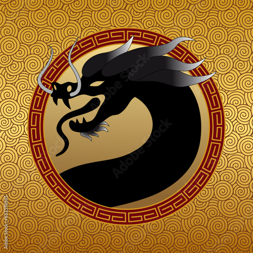 2024 - nouvel an chinois, année du dragon avec une silhouette noire de la tête de l’animal sur un fond or au motif traditionnels.
