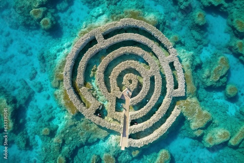 An artificial island in the shape of a maze made up of bushes.