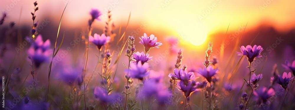 Art Wild flowers in a meadow at sunset. Macro image, shallow depth of field. Abstract august summer nature background - obrazy, fototapety, plakaty 