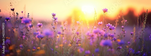 Blooming lavender summer flower and a flying butterfly against the backdrop of a summer sunset landscape