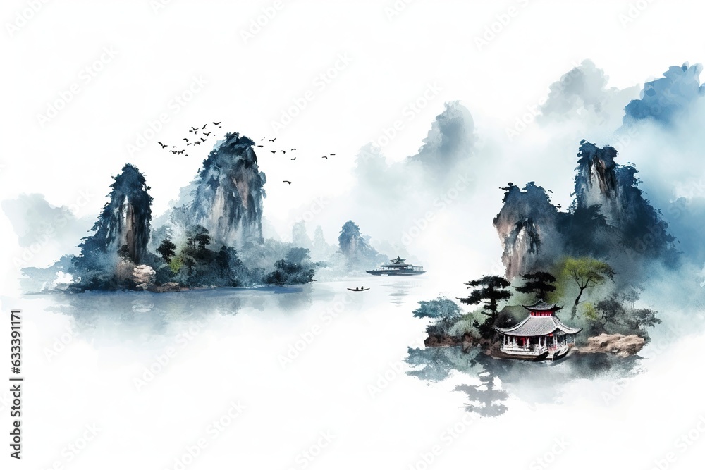 Naklejka premium Japanese minimalist landscape with Chinese ink, artistic.