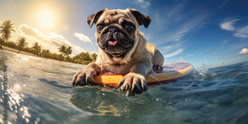 A funny pug lying on a surfboard in sea water. Creative composition of active summer sea vacation, learning to surf for beginners, water activities.