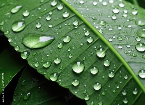 Water droplets on green leaves. Nature macro photo
