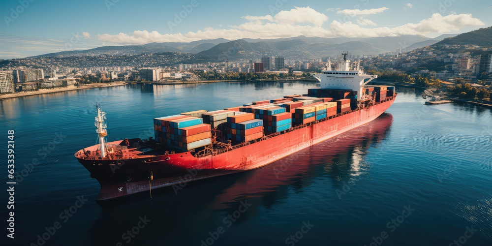 Aerial View Of Container Cargo Ship In Sea. Water transport with many different boxes, delivery for business.