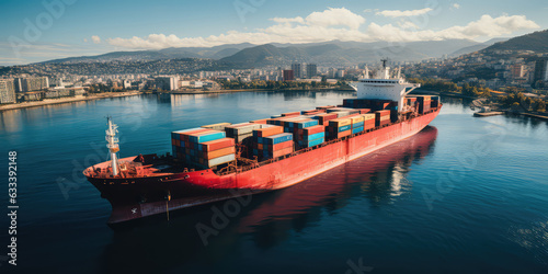 Aerial View Of Container Cargo Ship In Sea. Water transport with many different boxes, delivery for business.