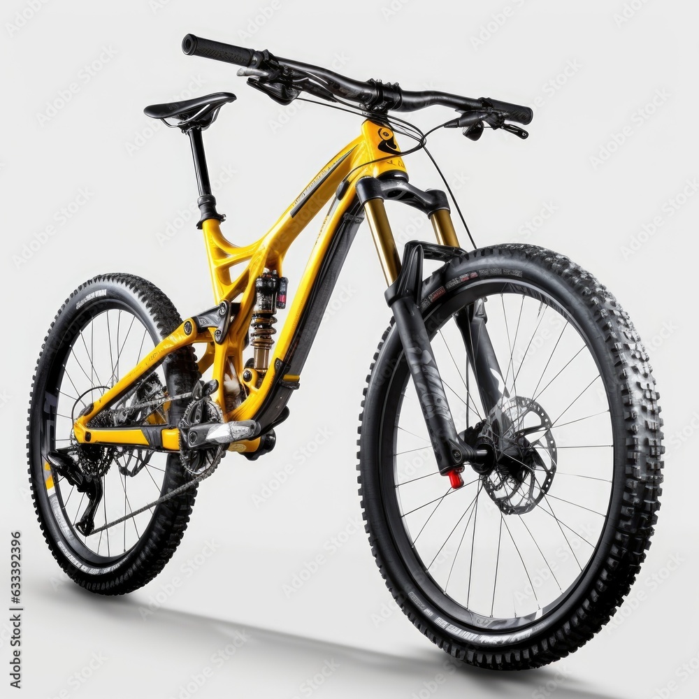 Yellow mountainbike with thick offroad tyres isolated on white background
