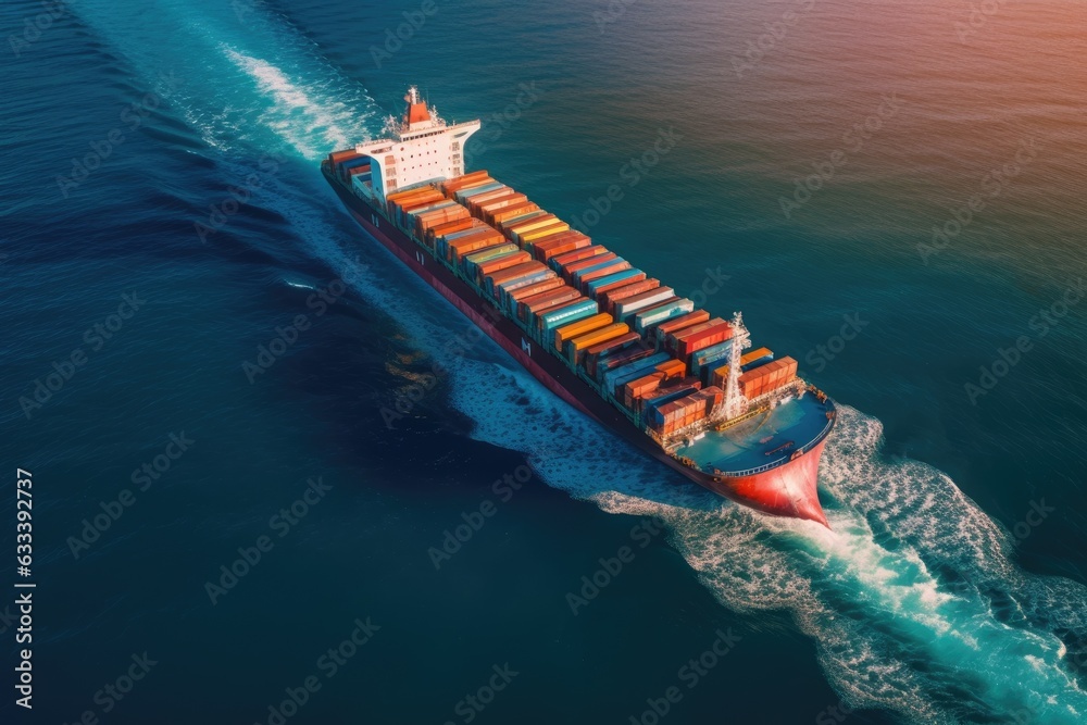 Cargo ship in the ocean with containers. Top view