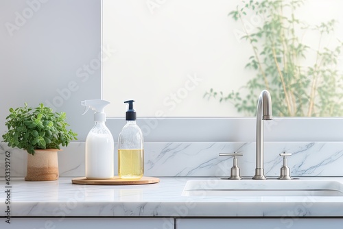 white kitchen countertop with sink and faucet. Marble wall, morning light, chores, cleaning products overlay. photo