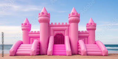 Big Inflatable Pink bounce castle on a sandy beach against blue sky, minimal style summer wallpaper, nobody. Sea beach vacation, fun activity for kids.
