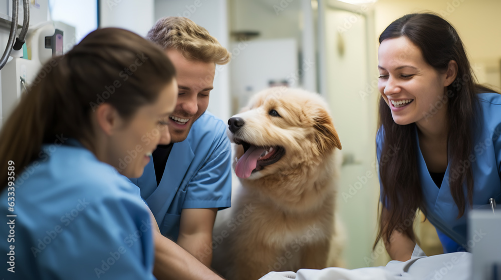 Group of Veterinarians examines the dog at the clinic. Created with Generative AI technology.