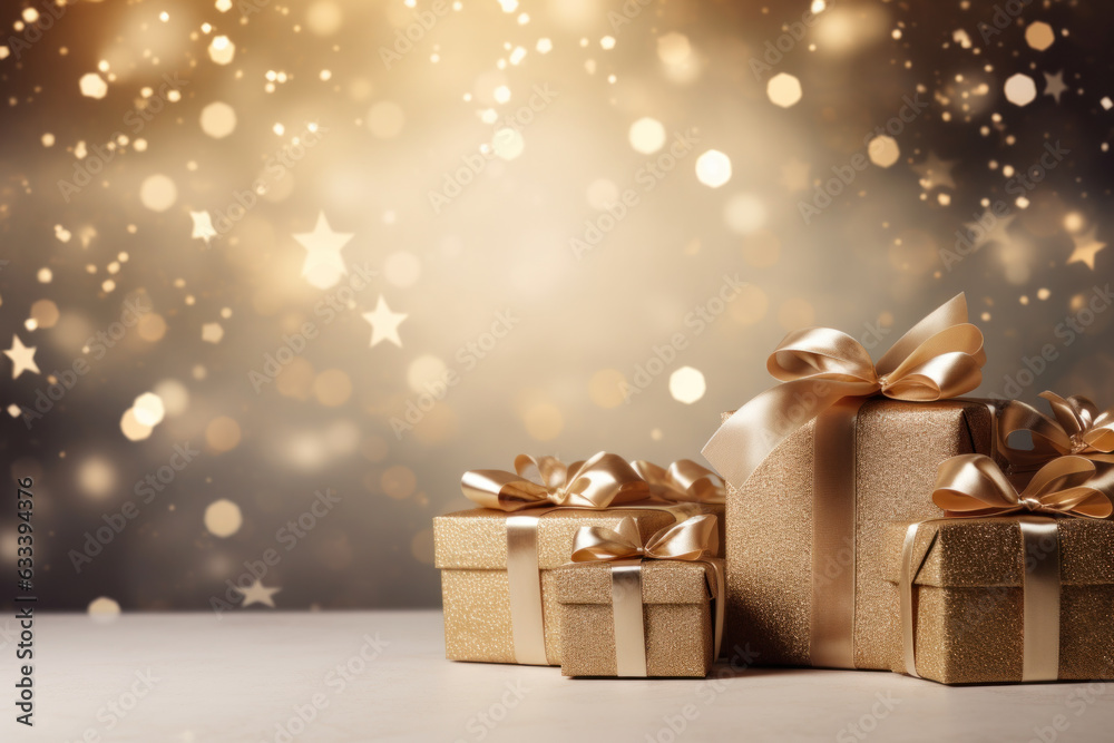 Golden Starry Christmas Backdrop with Gold Presents - Generative AI Golden Starry Christmas Backdrop with Gold Presents - Generative AI