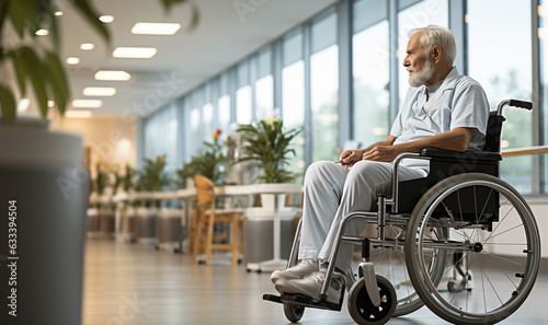 Senior sick male patient sitting in wheelchair in corridor at hospital. Elderly man waiting and sitting in wheelchair in nursing home