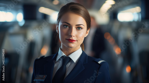 Female pilot in the background of an airplane cockpit © MP Studio