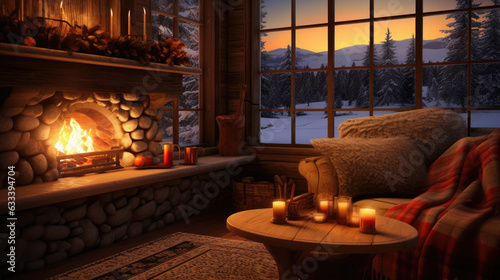Cozy Winter Scene with fireplace and hot cocoa and winter related things 