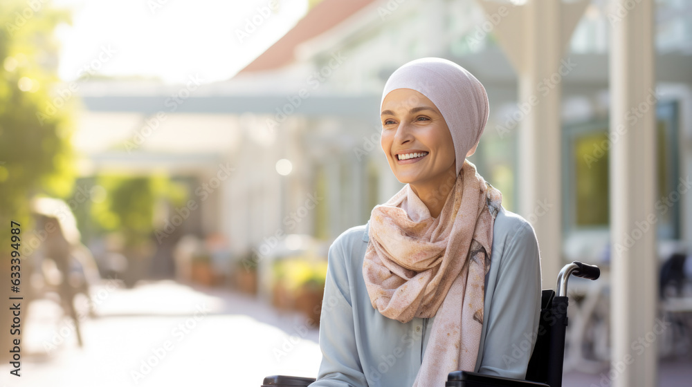 Middle-aged woman cancer patient wearing headscarf and smiling - obrazy, fototapety, plakaty 