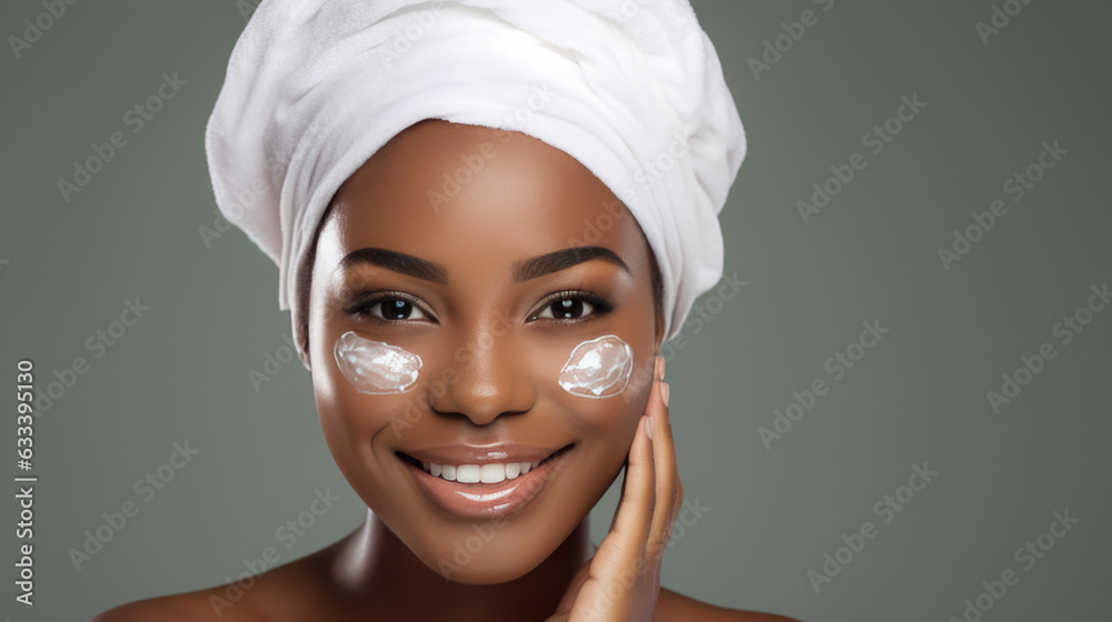 Attractive young woman apply facial cream wrapped in towels put moisturizing lifting nourishing day creme on soft hydrated moisturized skin on grey background. Created with Generative AI technology. Attractive young woman apply facial cream wrapped in towels put moisturizing lifting nourishing day creme on soft hydrated moisturized skin on grey background. Created with Generative AI technology.