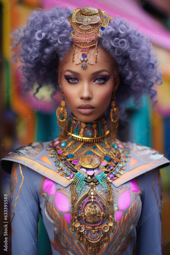Beautiful portrait of a futuristic woman tribal warrior in weird clothing. Neon glow, iridescent, transparent plastic, hologram, holographic, vaporware rainbow texture aesthetic glitter swag fashion.