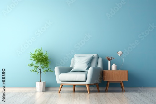 A rendering of a mockup living room interior featuring an armchair with an empty bluecolored wall as the background. photo