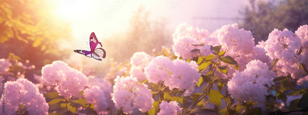 Summer flower park, pink with morning sunlight, idyllic spring background with blooming bushes and flying butterflies in the garden
