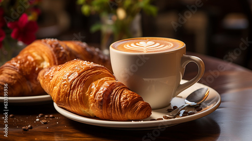 coffee latte with croissant on a wooden table.
