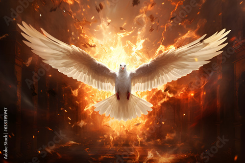 Photo flying dove fire abstract background 