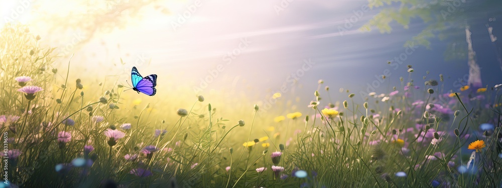 summer forest glade with flowering grass, Beautiful wild flower and butterflies on a sunny day, back lighting, high key