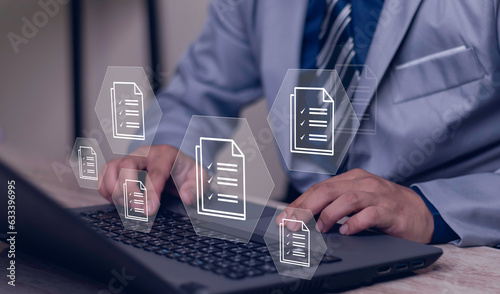 compliance rules and law regulation policy concept businessman working laptop computer on virtual screen, documents with checkbox lists