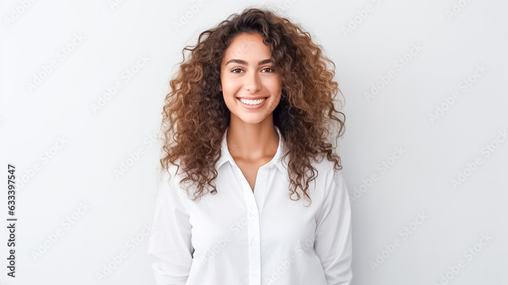 Portrait of a beautiful young woman standing and smiling on a white background, looks in camera. Portrait of a beautiful young woman standing and smiling on a white background, looks in camera.