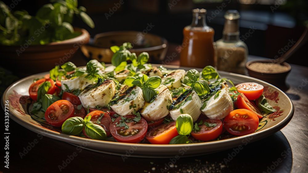 greek salad in bowl with tomatoes, basil, cheese and herbs on dark background greek salad in bowl with tomatoes, basil, cheese and herbs on dark background