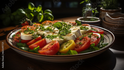 greek salad in bowl with tomatoes  basil  cheese and herbs on dark background