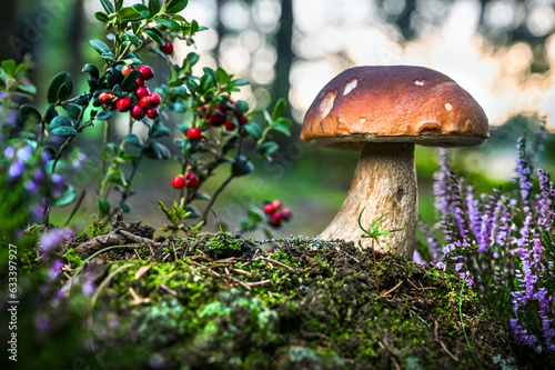 boletus edulis mushroom with cranberries in the moss in the amazing forest