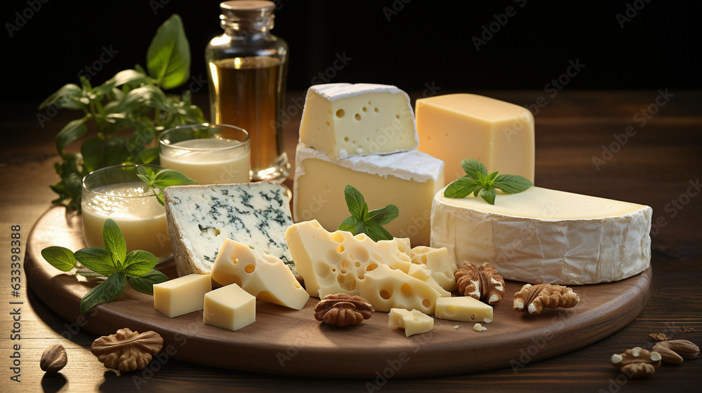various types of cheese and other products on a wooden table