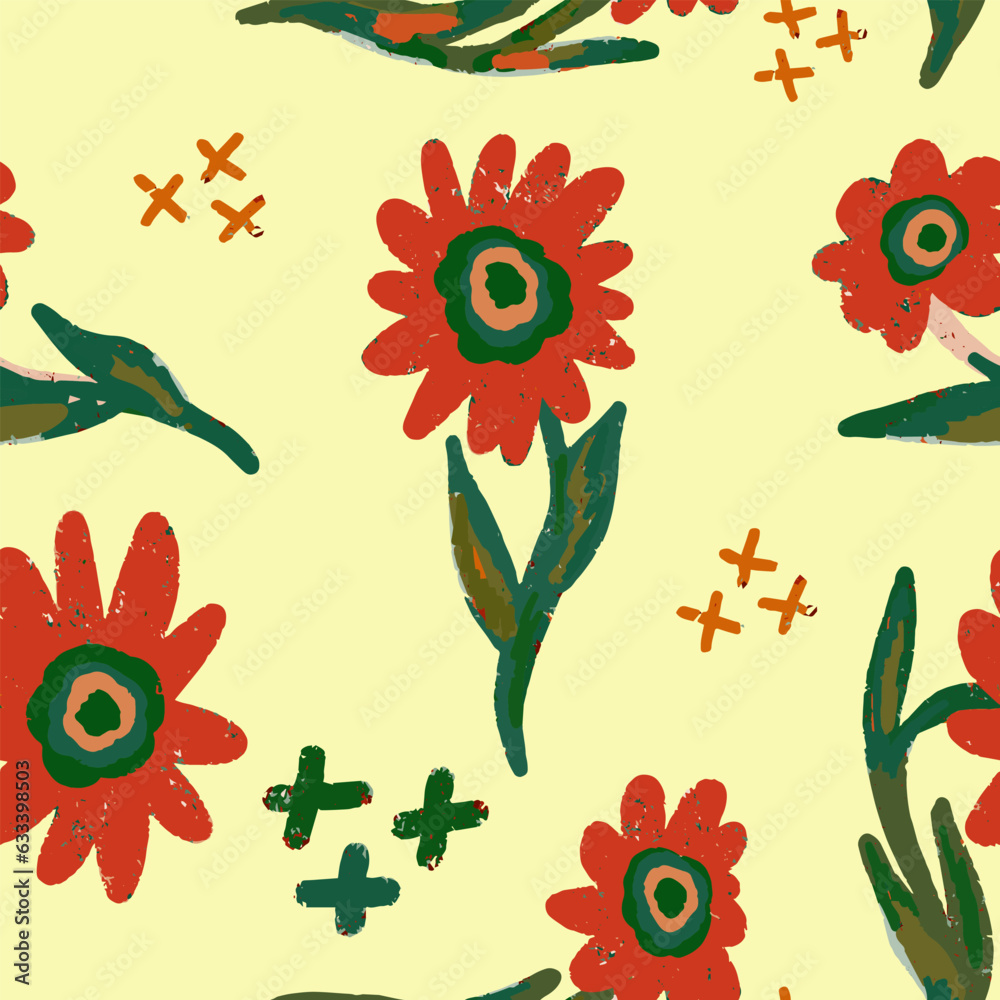 Stylized psychedelic flowers. Vector seamless pattern
