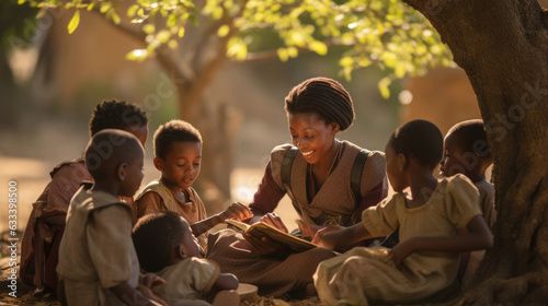 A group of African children are in school. An open-air lesson near a tree. © MP Studio