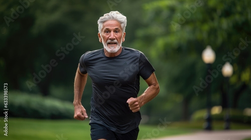 Handsome caucasian man runs down the road in nature. Created with Generative AI technology.