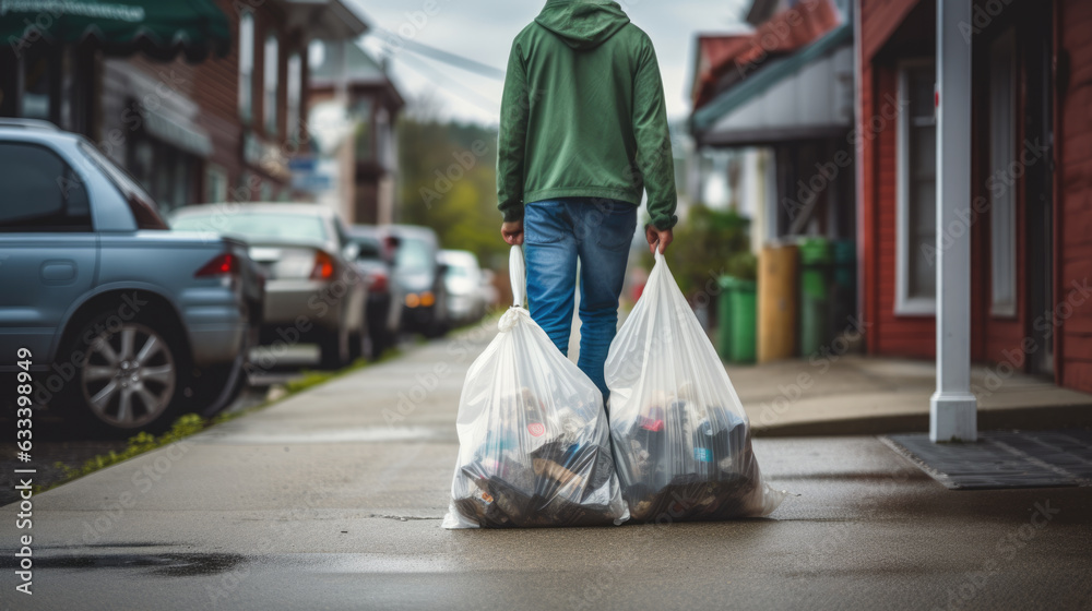 Man carries a bag of garbage out.