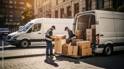 Workers unloading boxes from van outdoors. Moving service. Created with Generative AI technology. photo