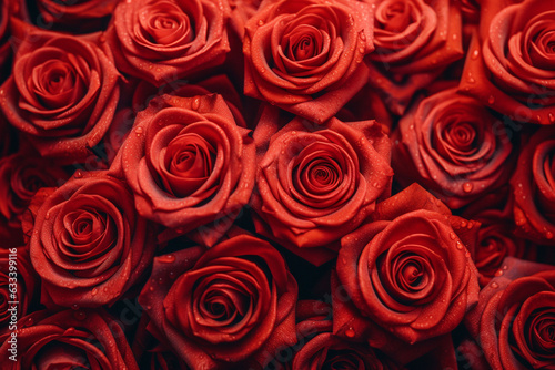 Top view of red rose with water droplets on rose petals. By generative AI.