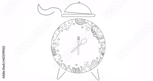 The alarm clock with the image of food, rings, and arrows in the form of a spoon and fork spinning in a circle. Cloche opens from above and steam comes out of it