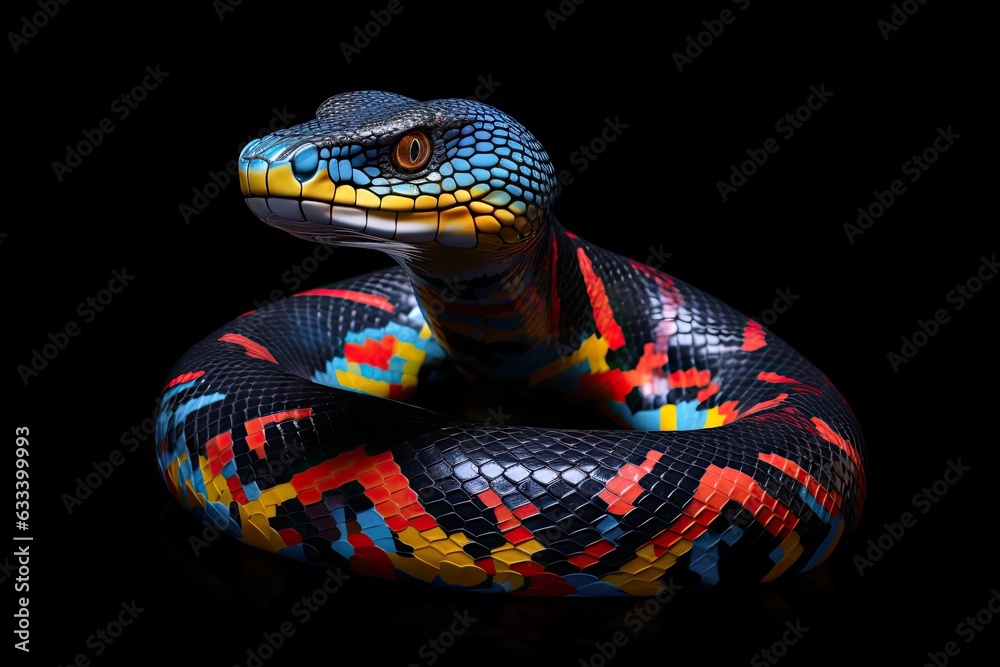 Fototapeta premium Colourful Illustration of a blue python on a black background